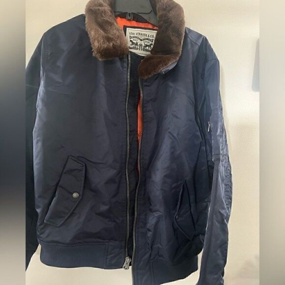 New LEVI'S Men's Large Flight Bomber Jacket Faux Fur Removable Collar Navy XL - Picture 9 of 11